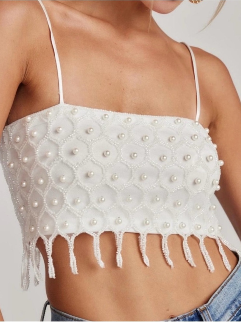 12th Tribe White Pearl-Embellished Cropped Camisole with Fringe